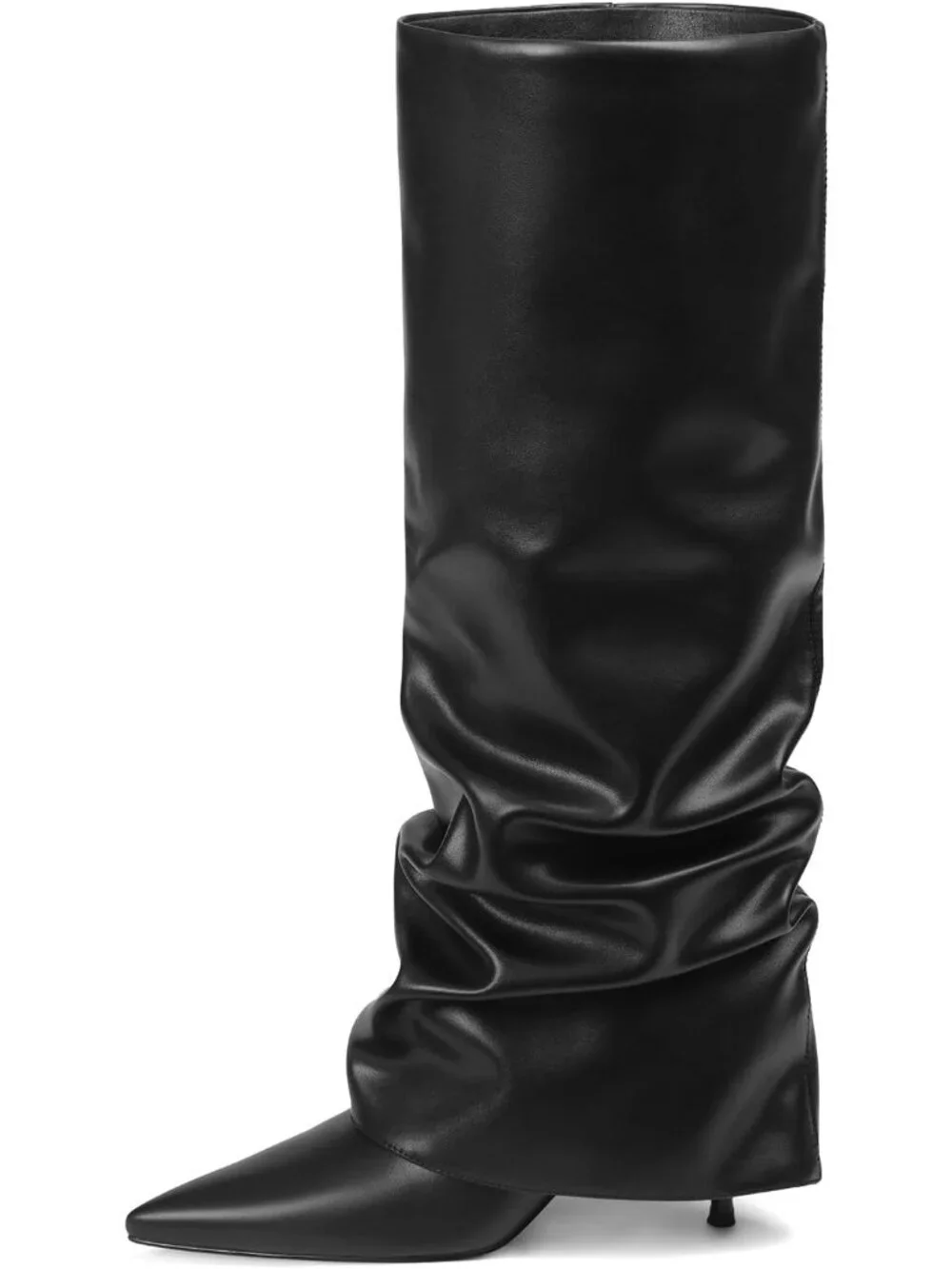 Women's Black Fold Over Point Shark Slouchy Side Hidden Zipper Knee High Boots